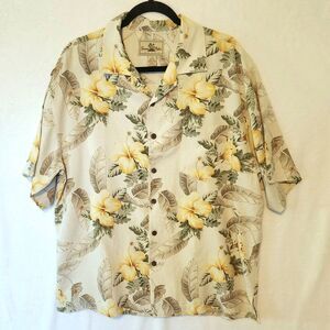 Seven Palm Mens L Hawaiian Silk Shirt Beige w/ Yellow Hibiscus Floral Button Up